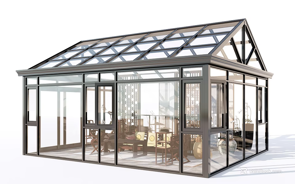 Villa Balcony Glass Structure with Transparent Roof and Interior Furniture Decor 3d model 