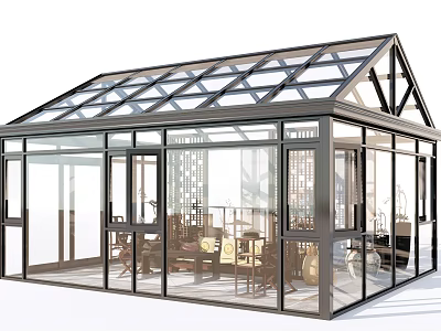 Villa Balcony Glass Structure with Transparent Roof and Interior Furniture Decor 3d model