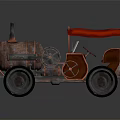 Vintage Steam Powered Car With Rustic Metal Body And Red Canopy
