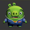 Green Pig 3D Game Movie Character With Blue Outfit Red Logo And Angry Expressions