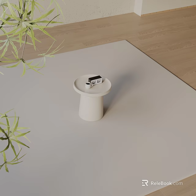 White Circular Side Table With Green Plants On Light Rug Home Interior 3d model 