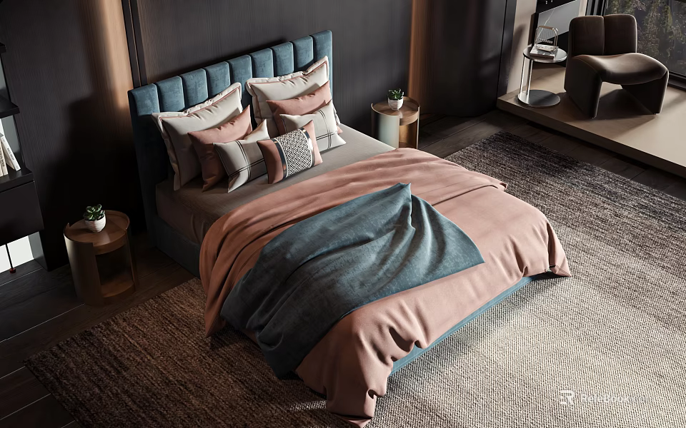 Modern Double Bed With Blue Headboard Pillows Pink Blue Blanket And Nightstand Potted Plant 3d model 