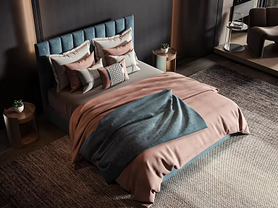 Modern Double Bed With Blue Headboard Pillows Pink Blue Blanket And Nightstand Potted Plant 3d model
