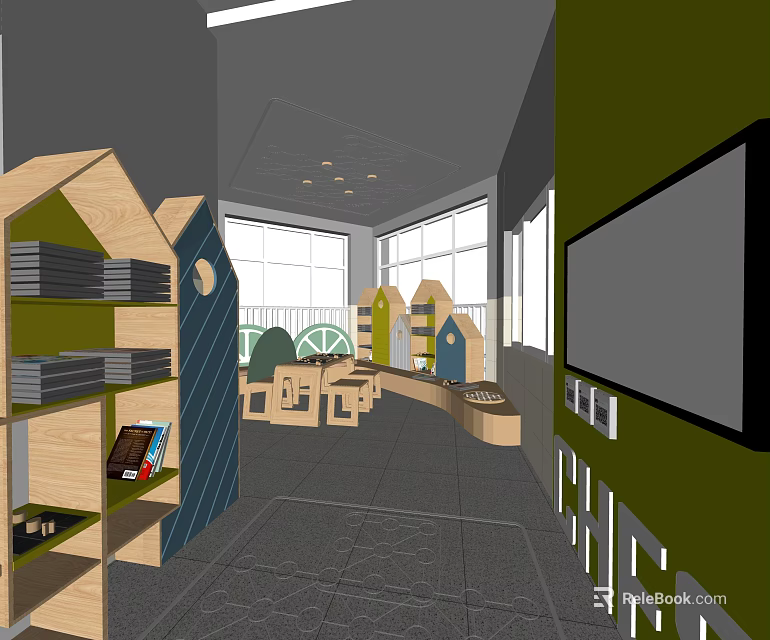 Spacious Hotel Chess Room Interior With Wooden Furniture Bookshelves And Large Screen TV 3d model 