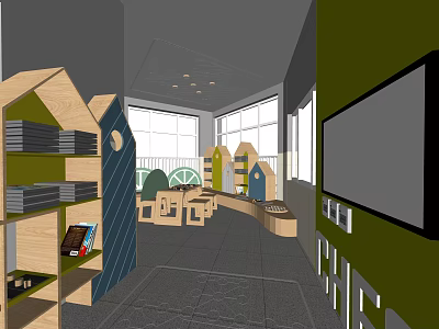 Spacious Hotel Chess Room Interior With Wooden Furniture Bookshelves And Large Screen TV 3d model