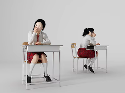 Two Female Students In School Uniforms Sitting At Desks With Front And Back Views 3d model