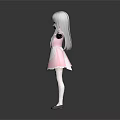 3D Model Girl With Gray Hair Pink Dress White Apron Arms Outstretched Gray Background Reflection