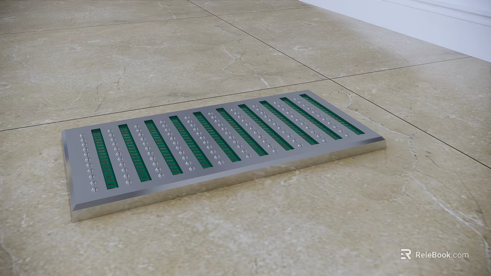 Commercial Kitchen Floor Drain Grate With Stainless Steel Frame And Green Strips 3d model 