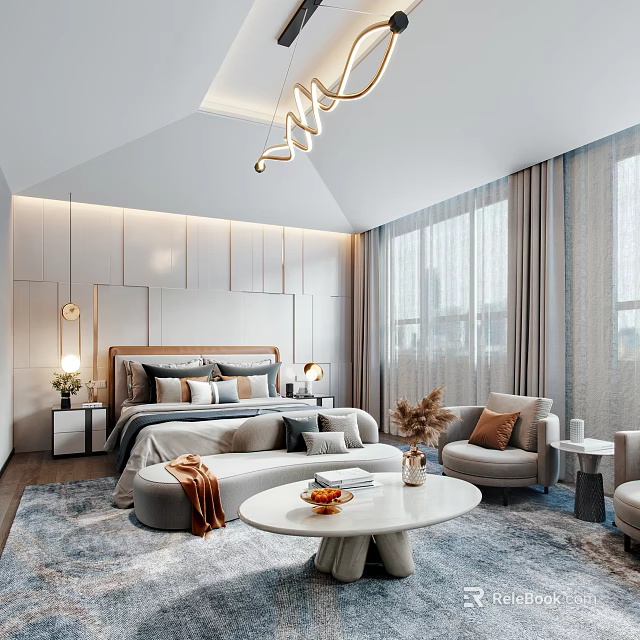 Elegant Modern Bedroom Interior Design With Upholstered Bed Nightstands Hanging Lighting Curtains And Floor Rug 3d model 