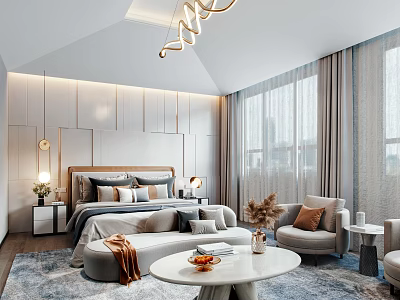 Elegant Modern Bedroom Interior Design With Upholstered Bed Nightstands Hanging Lighting Curtains And Floor Rug 3d model