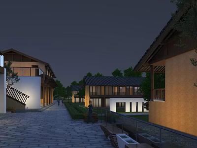 Traditional Chinese Architecture Complex At Night With Stone Paved Path And Hanging Lanterns 3d model