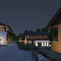Traditional Chinese Architecture Complex At Night With Stone Paved Path And Hanging Lanterns