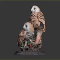 Two Brown Wooden Owl Sculptures Perched On Branch With Green Leaves Red Berries And Base
