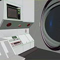 Cartoon Scene of White Room With Built-in Microwave Cabinets Circular Metal Mesh And Control Panel