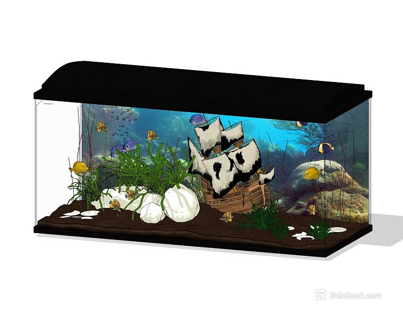 Elegant Aquarium Setup With Pirate Ship Ornament Aquatic Plants And Colorful Fish 3d model 