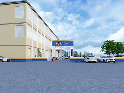 Freight Station Building With Yellow Exterior Blue Sign Parking Lot And Parked Cars 3d model