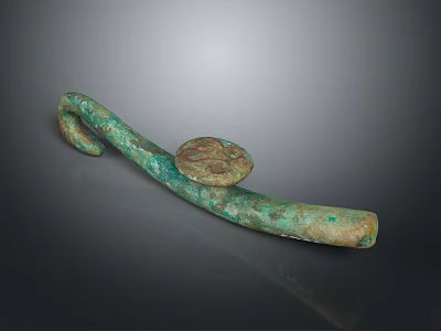 Ancient Bronze Sculpture Carving Featuring Hook Shaped Design Green Patina And Circular Decoration 3d model