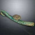 Ancient Bronze Sculpture Carving Featuring Hook Shaped Design Green Patina And Circular Decoration