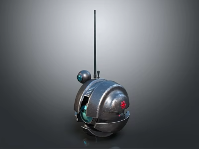 Mechanical Robot Sphere Character With Antenna Transparent Window Red Indicator Light and Metallic Shell 3d model