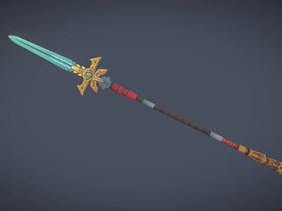 Decorative Spear With Turquoise Blade Golden Cross Ornament Blue Gemstone And Red Brown Handle 3d model