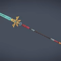Decorative Spear With Turquoise Blade Golden Cross Ornament Blue Gemstone And Red Brown Handle