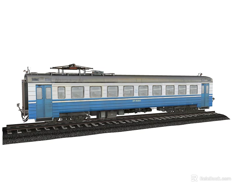 Blue And White Passenger Train Carriage On Railroad Tracks Model 3d model 