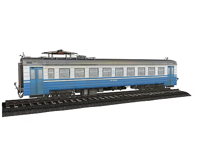 Blue And White Passenger Train Carriage On Railroad Tracks Model 3d model