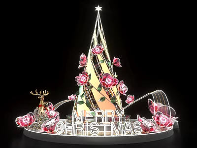 Christmas Tree Shaped Art Installation With Rose Decorations Merry Christmas Lettering And Reindeer 3d model