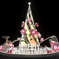 Christmas Tree Shaped Art Installation With Rose Decorations Merry Christmas Lettering And Reindeer