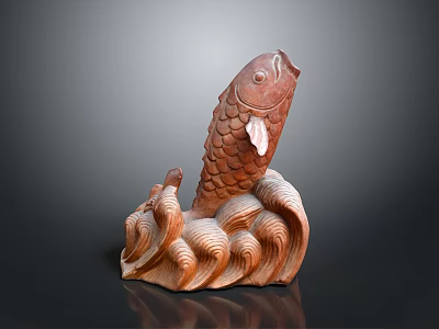 Wooden Carp Sculpture with Detailed Scales and Waves Shaped Base 3d model