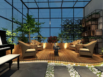 Luxurious Villa Balcony With Glass Walls Wooden Flooring Wicker Furniture Green Plants And Piano 3d model