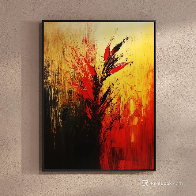 Vibrant Abstract Painting With Red Yellow Black Dynamic Brushstrokes And Floral Design 3d model 