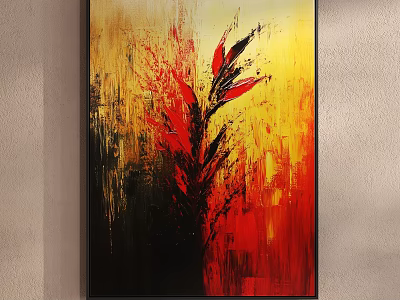 Vibrant Abstract Painting With Red Yellow Black Dynamic Brushstrokes And Floral Design 3d model