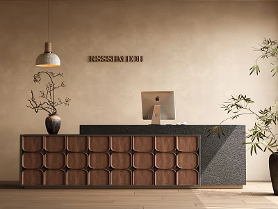 Front Desk Reception With Wooden Counter Computer Beige Wall RASSIMADDI Sign Plant And Pendant Light 3d model