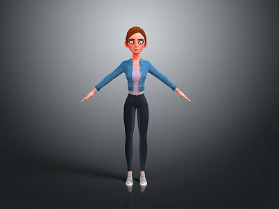 3D Game Movie Character Female With Brown Hair Blue Jacket White Top Arms Outstretched 3d model