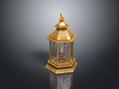 Traditional Golden Lantern With Intricate Carvings Metal Frame And Decorative Handle 3d model