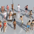 Group of People in Swimwear Relaxing Sunbathing by Pool with Lounge Chairs 3d model