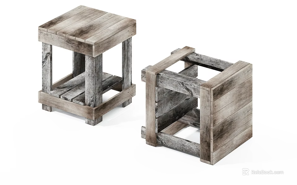 Wooden Rustic Stools with Distressed Finish and Simple Frame Design 3d model 