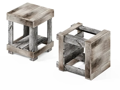 Wooden Rustic Stools with Distressed Finish and Simple Frame Design 3d model