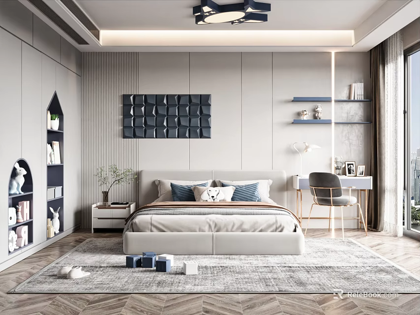 Kids Bedroom Interior With Comfortable Bed Bookshelves Decorative Wall Art Study Desk And Soft Rug 3d model 