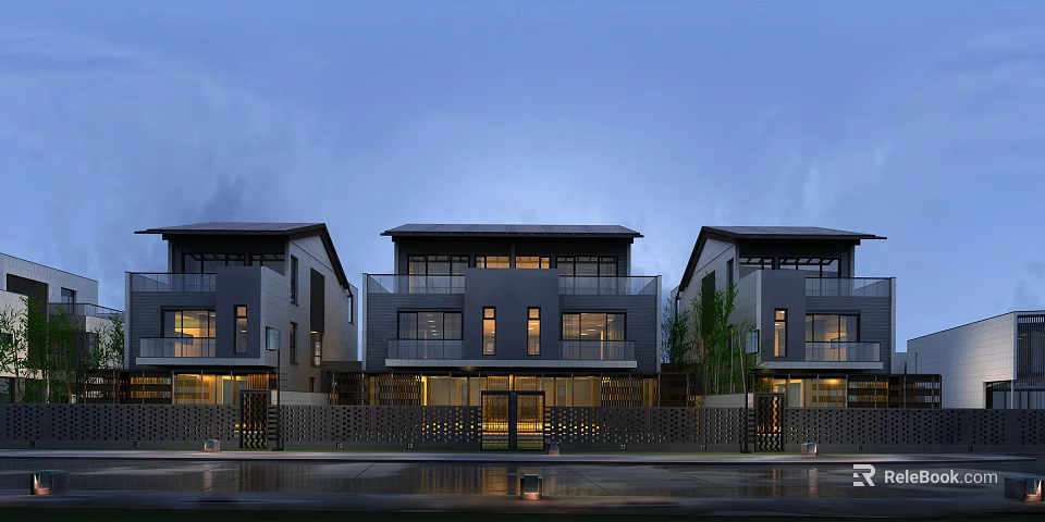 Modern Townhouse Exterior Design With Night View Lighting And Large Windows Courtyard 3d model 