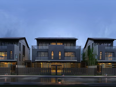 Modern Townhouse Exterior Design With Night View Lighting And Large Windows Courtyard 3d model