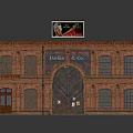 Red Brick Building with Dublin Ice Sign Arched Doorway Roof Billboard and Windows