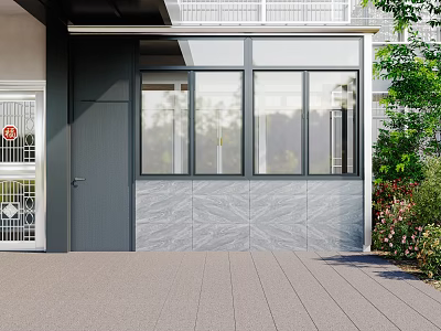 Black Security Door For Modern Residential Entrance With Glass Windows And Stone Wall 3d model