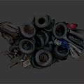 Worn Out Old Tires Pile With Wooden Boards Fabrics And Trash