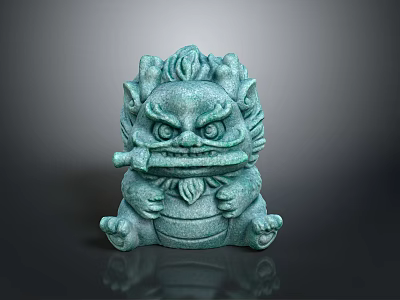 Green Mythical Creature Sculpture with Fierce Expression Detailed Mane Claws and Sitting Posture Stone Carving 3d model