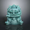 Green Mythical Creature Sculpture with Fierce Expression Detailed Mane Claws and Sitting Posture Stone Carving