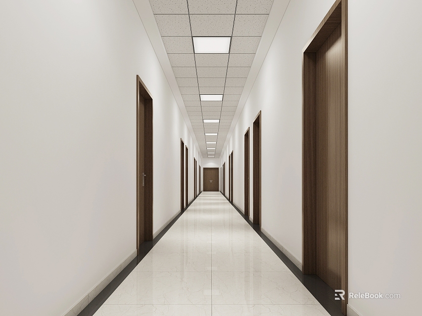 Modern Elevator Corridor With White Walls And Wooden Doors 3d model 