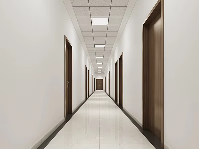 Modern Elevator Corridor With White Walls And Wooden Doors 3d model