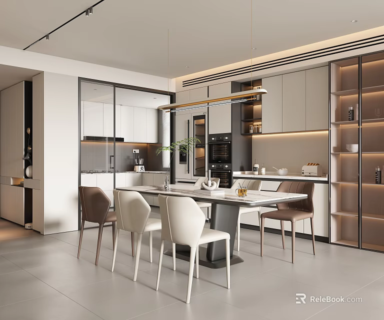 Modern Open Restaurant Area With Dining Table Chairs Cabinets And Pendant Lighting 3d model